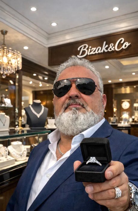 Arkadius Bizak, founder of Bizak & Co., holding an engagement ring in his Miami jewelry store