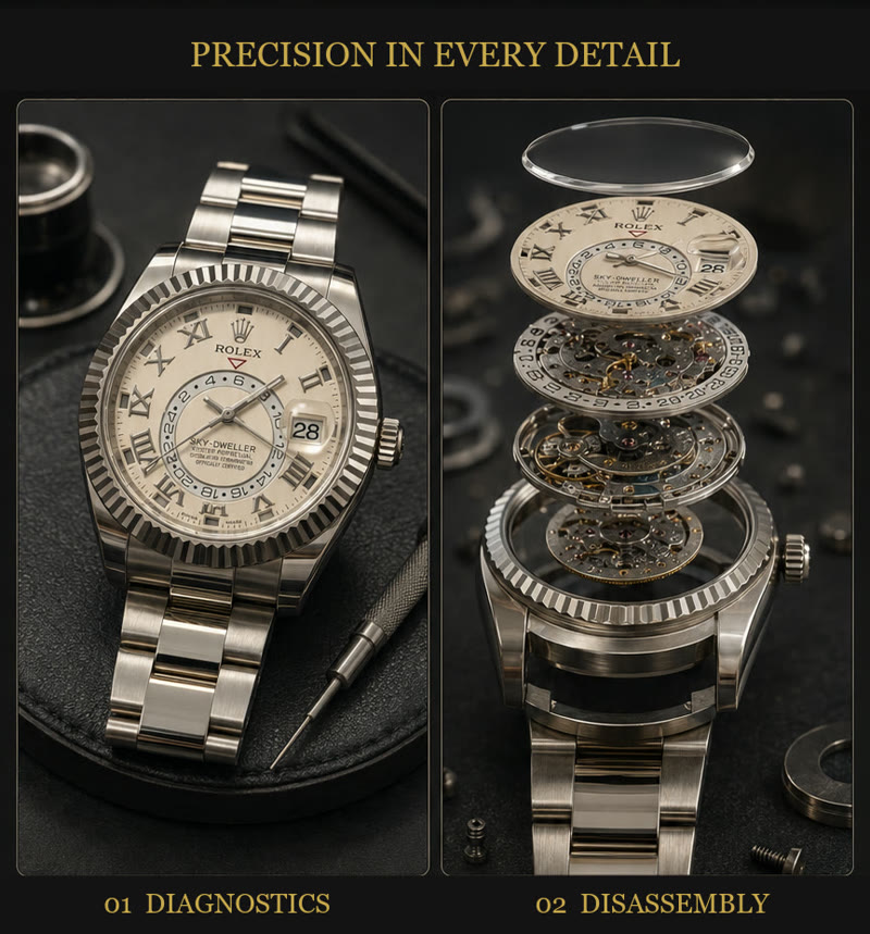 Watch repair process: diagnostics, disassembly, cleaning, reassembly and testing